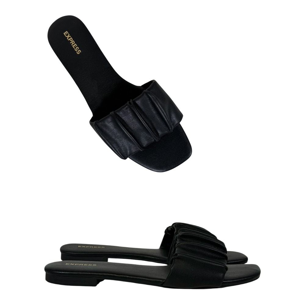 Express Women's Black Ruched Slide Sandals Square‎ Open Toe Slip On Size 9